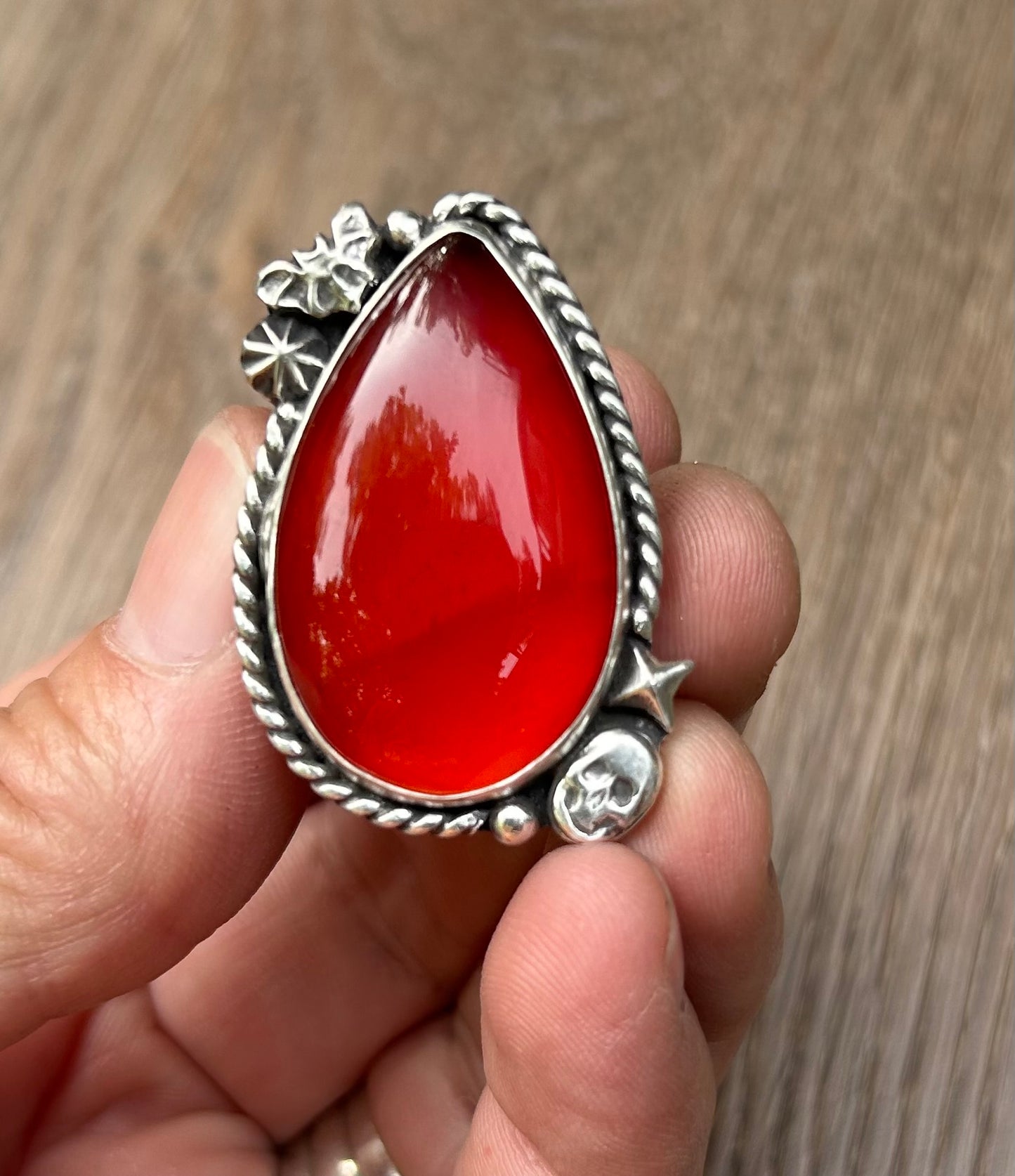 Orange Onyx Ring. Bats & Skulls, Decorative Band, US Size 7 1/4
