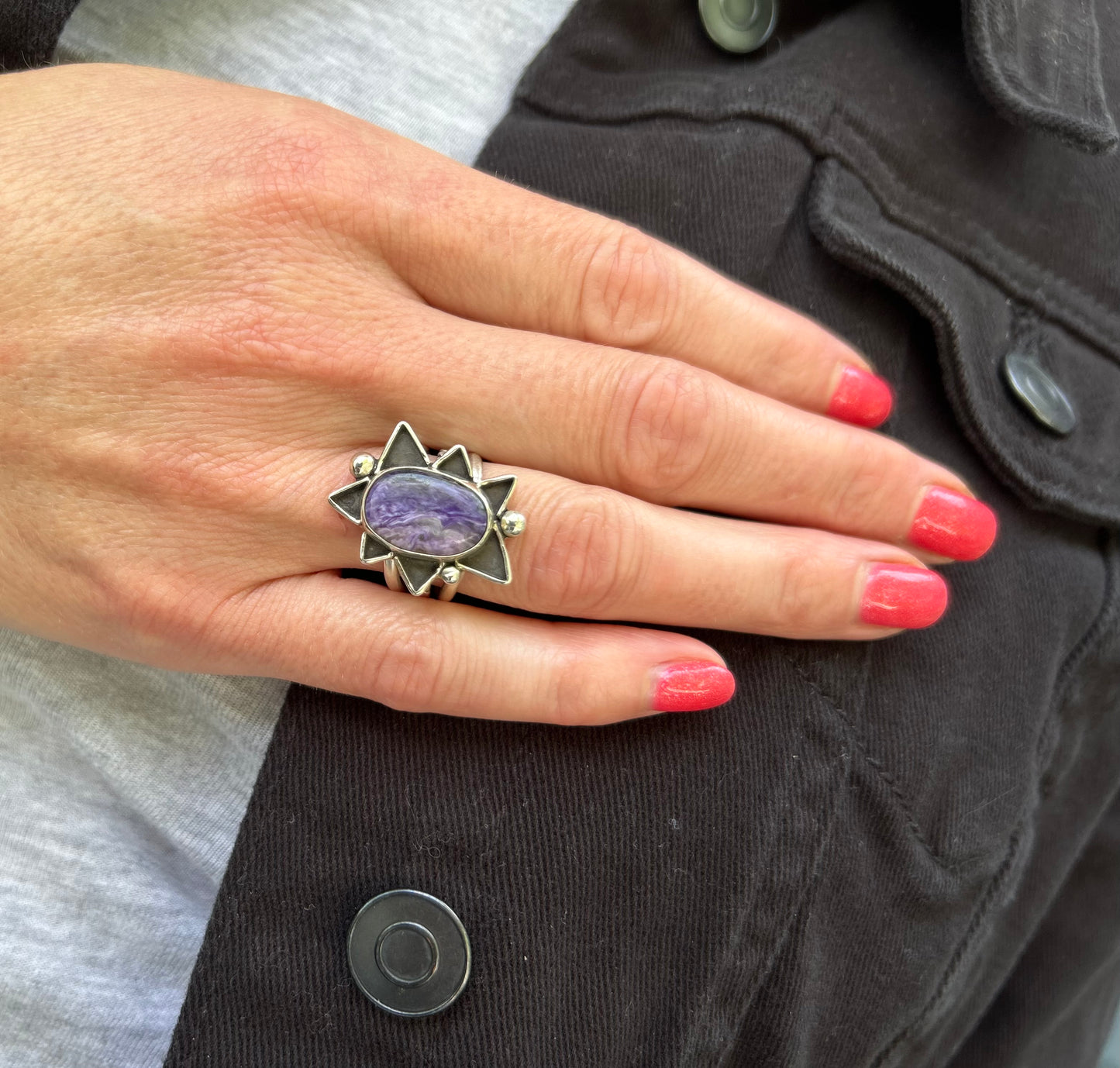 The Sunburst Ring, Purple Charoite Ring, Triple Band, US 7 3/4