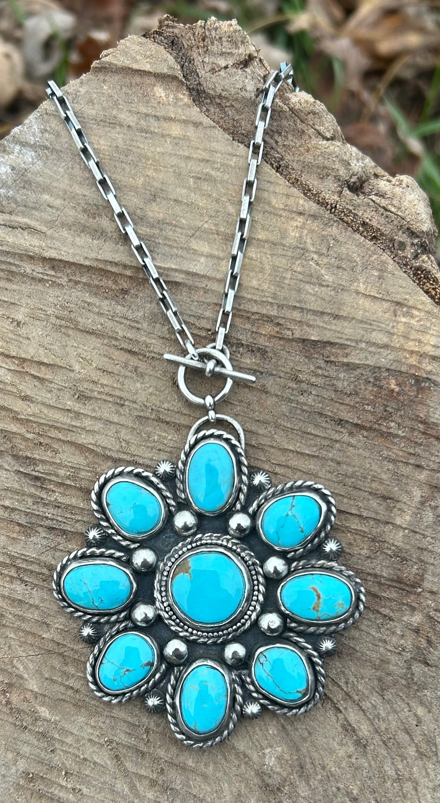 The Maya Necklace, Kingman Turquoise and Sterling Silver, 18” Toggle Chain