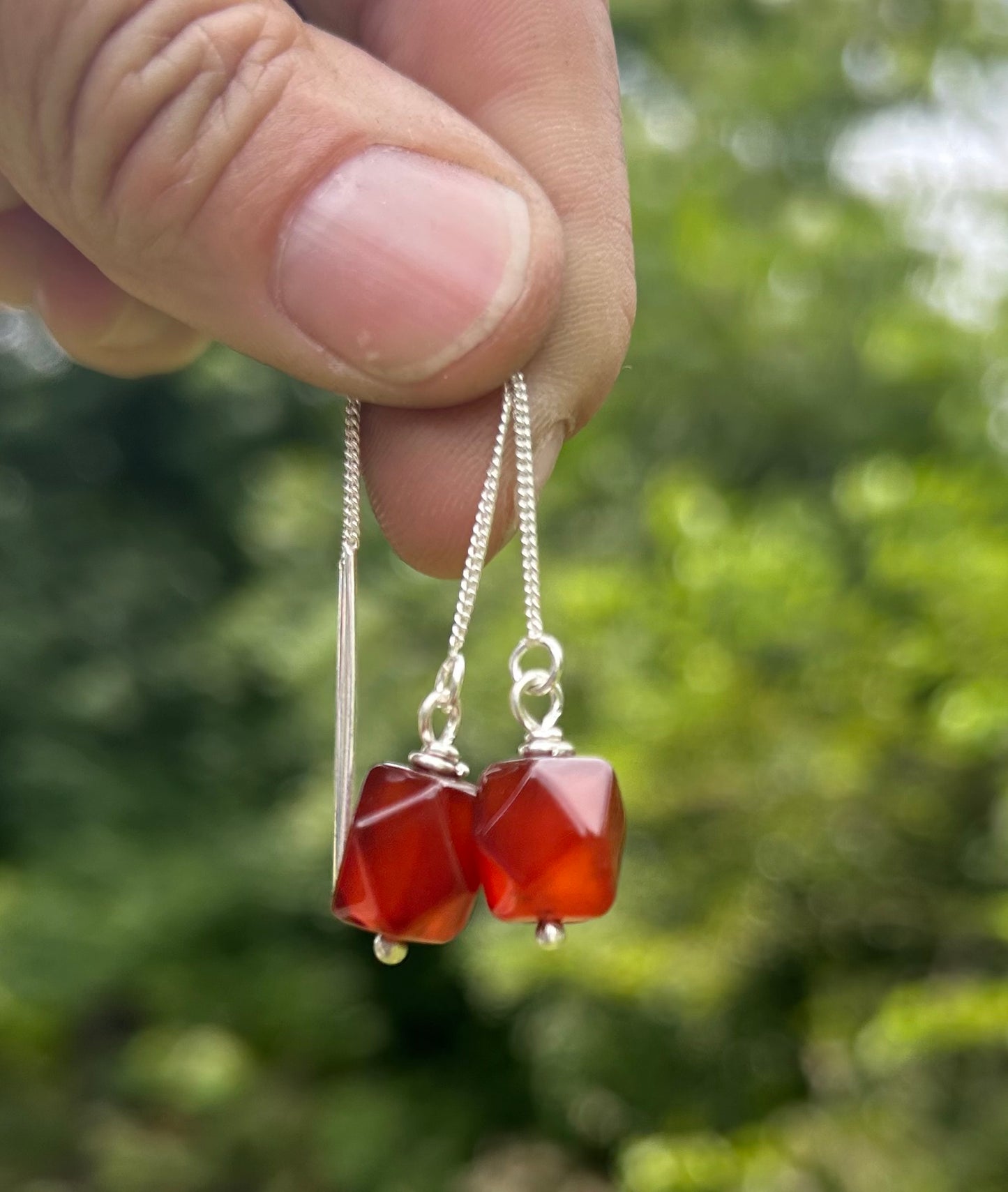 The Estes Earrings, Carnelian Threaders, Sterling Silver