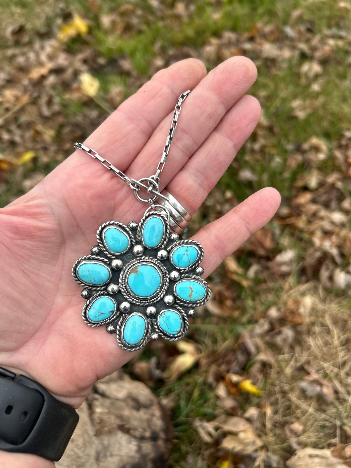 The Maya Necklace, Kingman Turquoise and Sterling Silver, 18” Toggle Chain