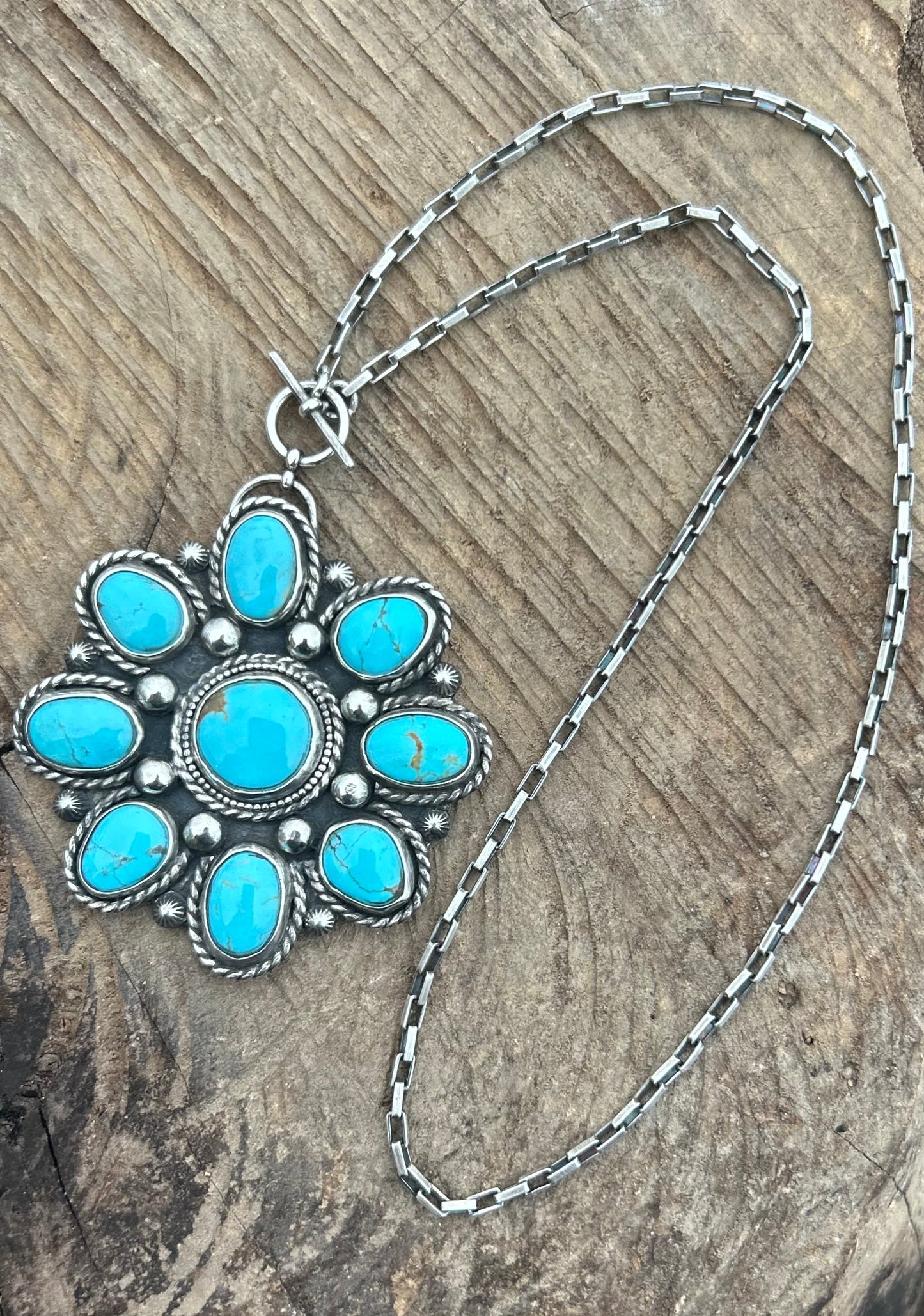 The Maya Necklace, Kingman Turquoise and Sterling Silver, 18” Toggle Chain