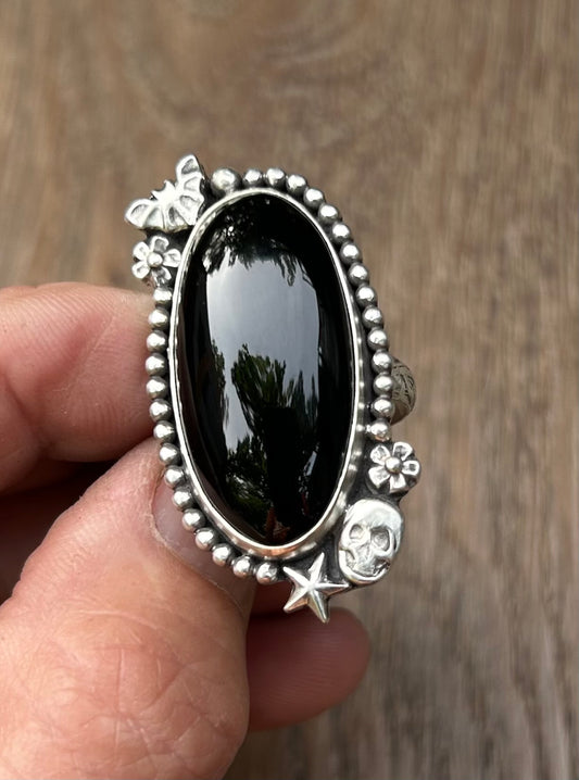 Fright Night Black Onyx Ring.  Bats and Skulls, Ornate Band, US Size 8 3/4