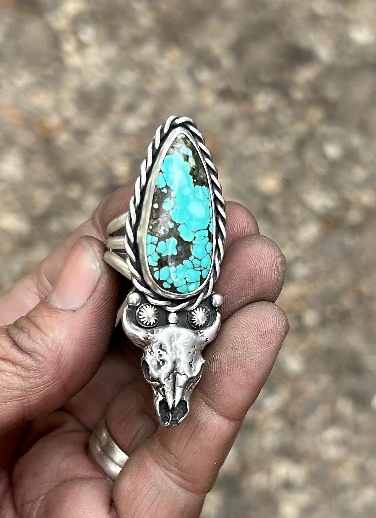 The Buffalo Skull Ring, Blue Moon Turquoise, Triple Band, US Size 10