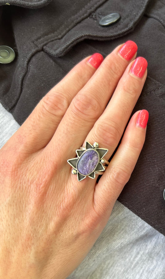 The Sunburst Ring, Purple Charoite Ring, Triple Band, US 7 3/4