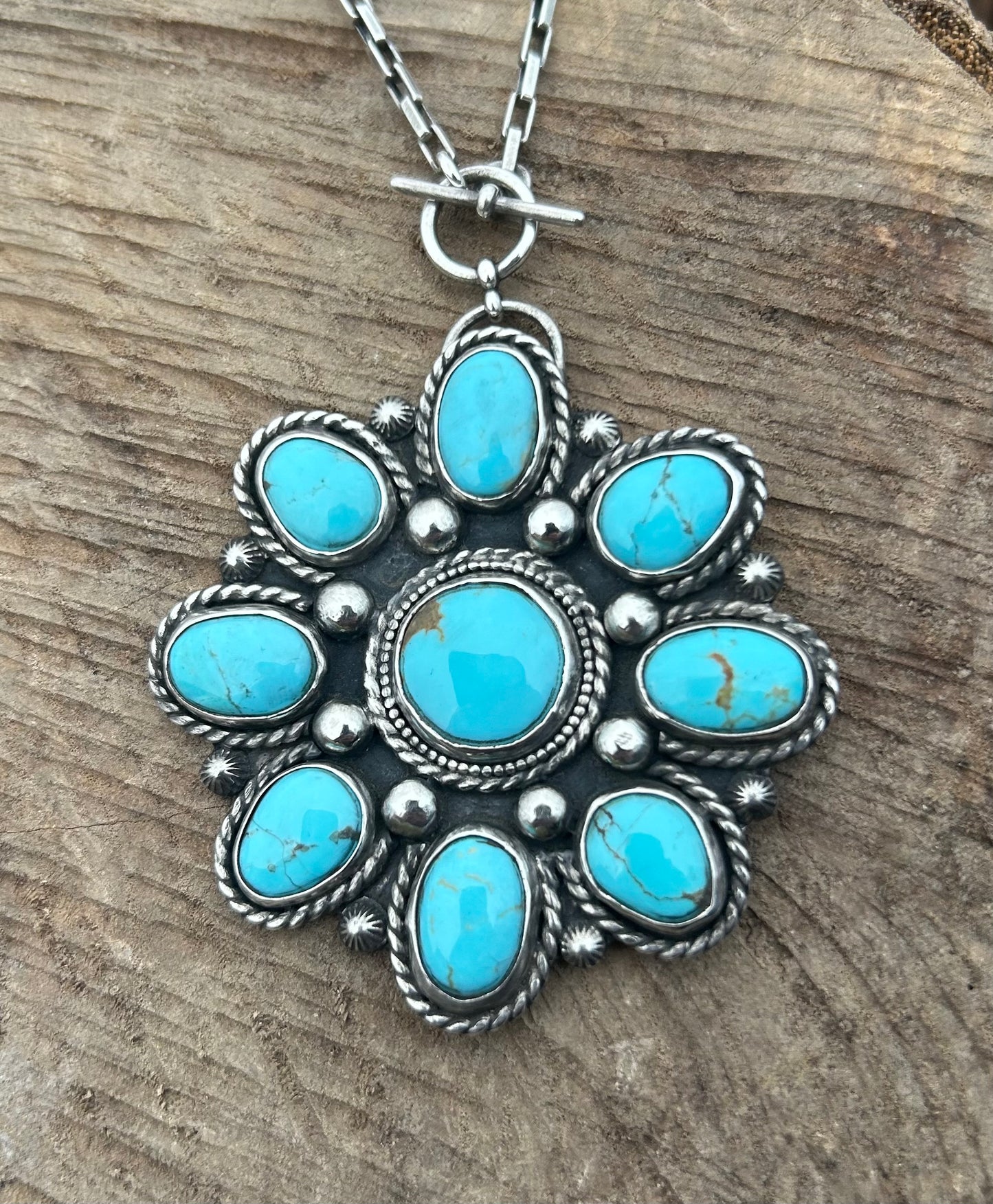 The Maya Necklace, Kingman Turquoise and Sterling Silver, 18” Toggle Chain