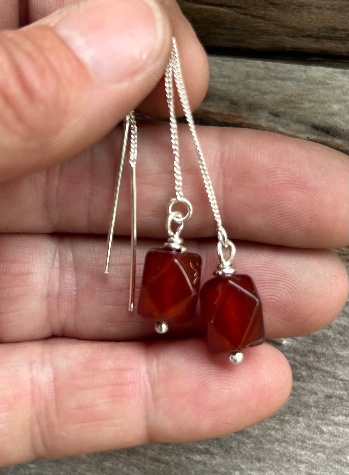 The Estes Earrings, Carnelian Threaders, Sterling Silver