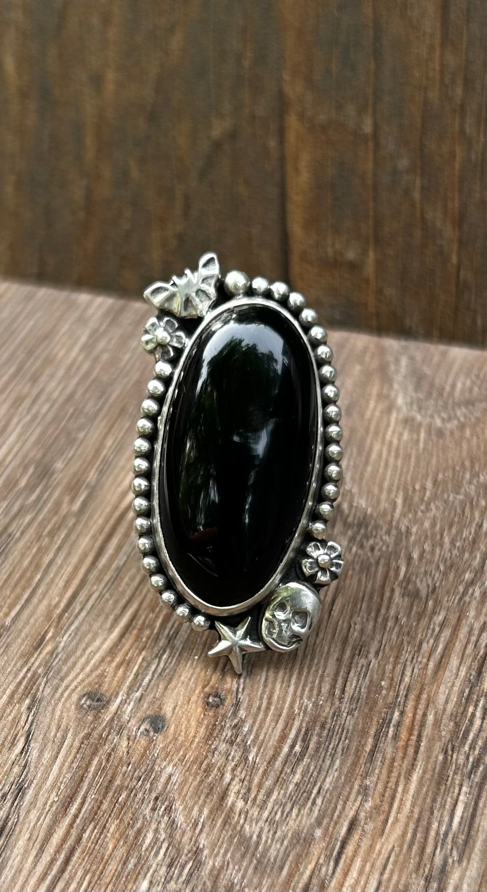 Fright Night Black Onyx Ring.  Bats and Skulls, Ornate Band, US Size 8 3/4