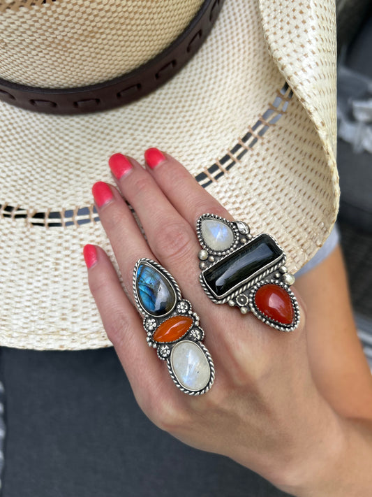 Carnelian, Black Tiger Eye, Moonstone Statement Ring, Multi Stone, Finished To Your Size