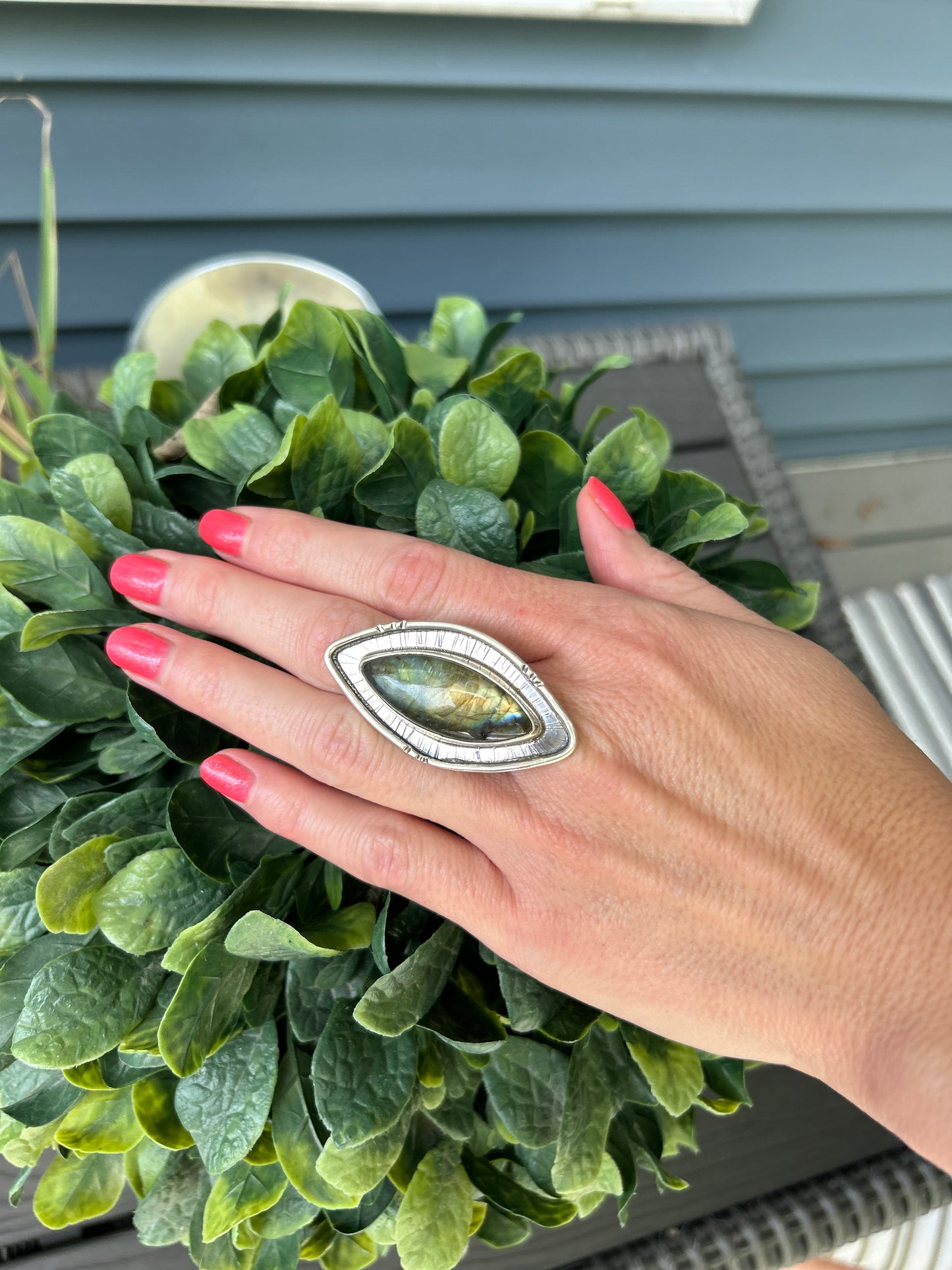 The Aston Ring, Labradorite Statement Ring, Double Band, US 8 3/4