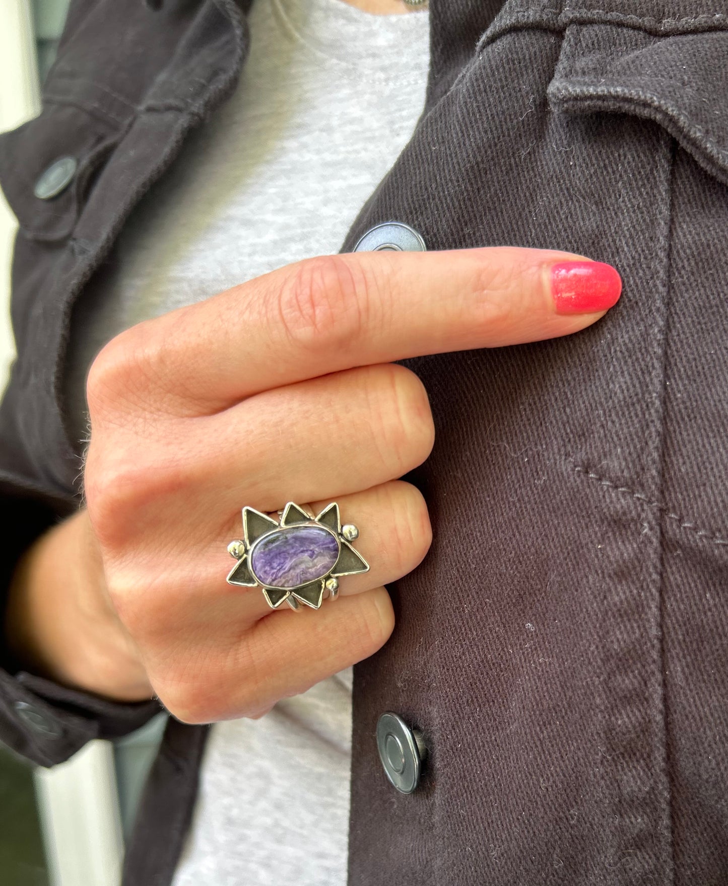 The Sunburst Ring, Purple Charoite Ring, Triple Band, US 7 3/4