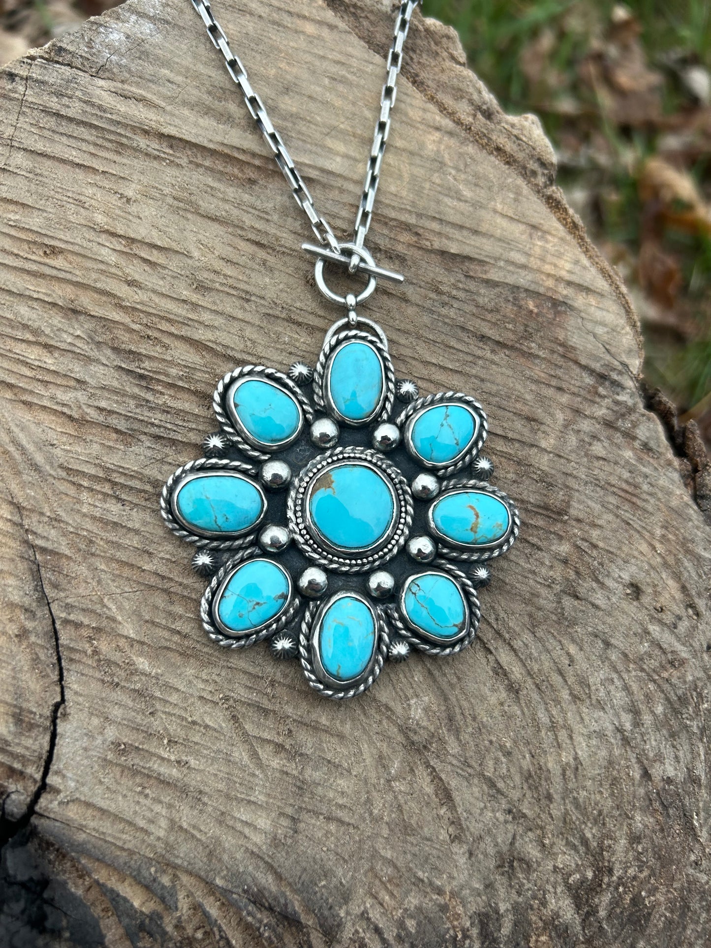 The Maya Necklace, Kingman Turquoise and Sterling Silver, 18” Toggle Chain