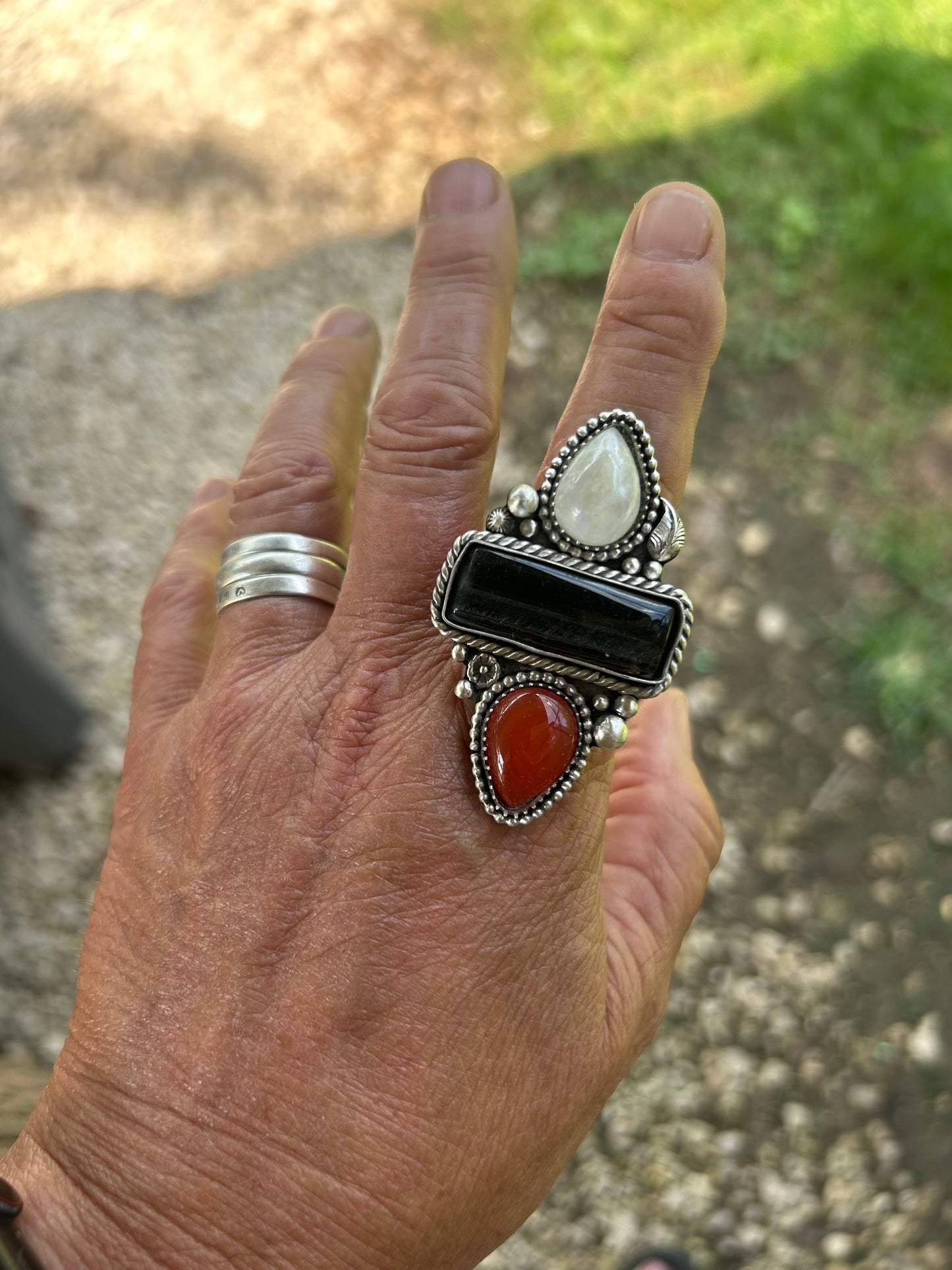 Carnelian, Black Tiger Eye, Moonstone Statement Ring, Multi Stone, Finished To Your Size