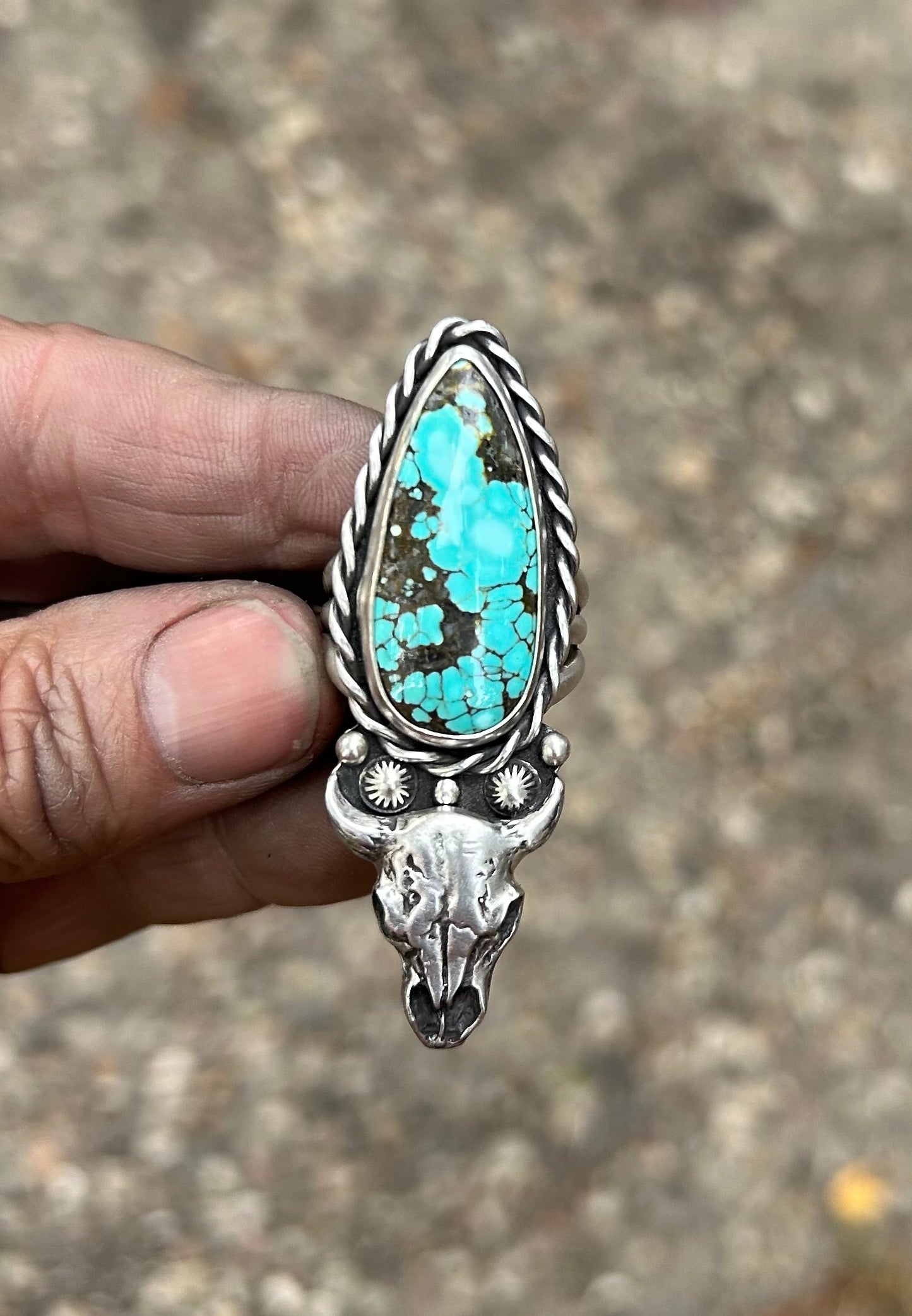 The Buffalo Skull Ring, Blue Moon Turquoise, Triple Band, US Size 10