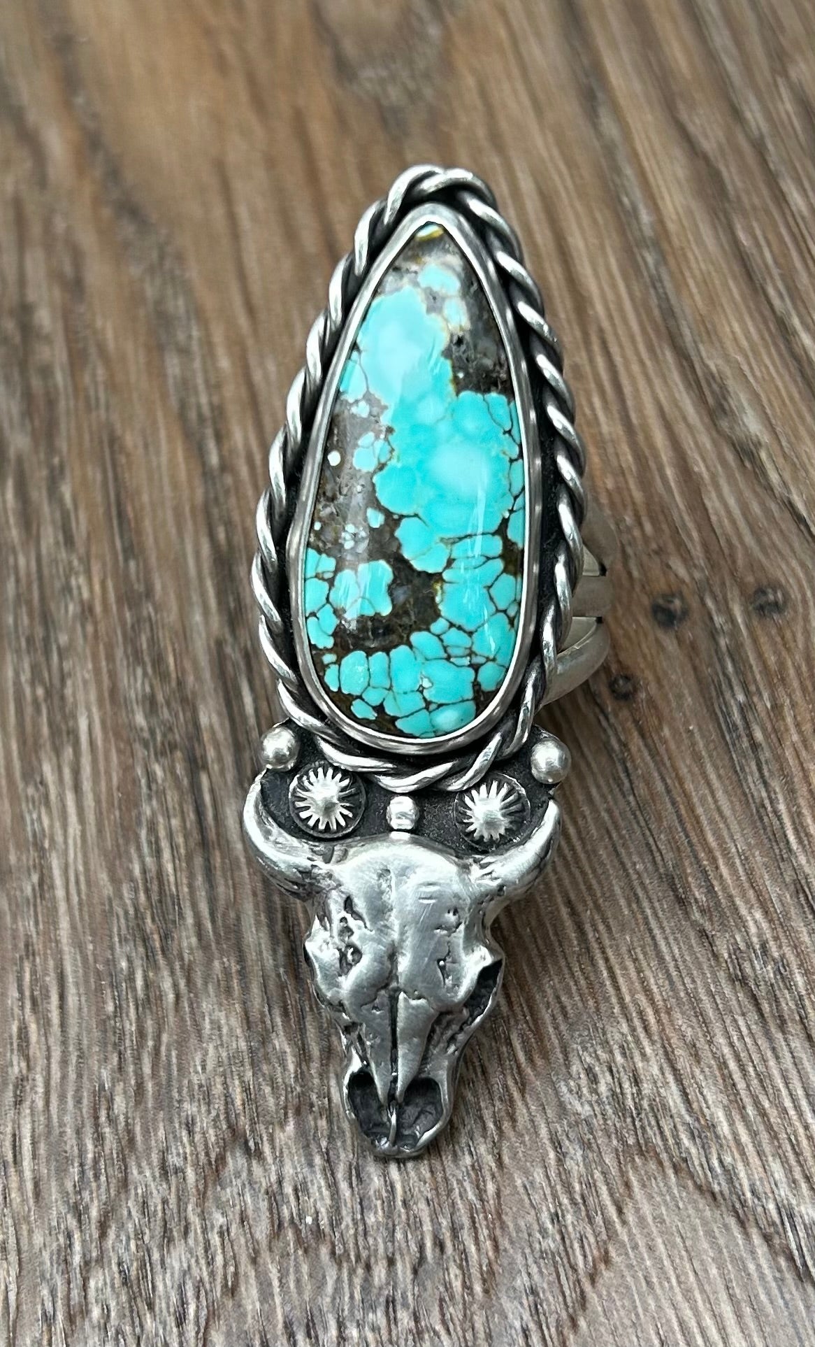 The Buffalo Skull Ring, Blue Moon Turquoise, Triple Band, US Size 10