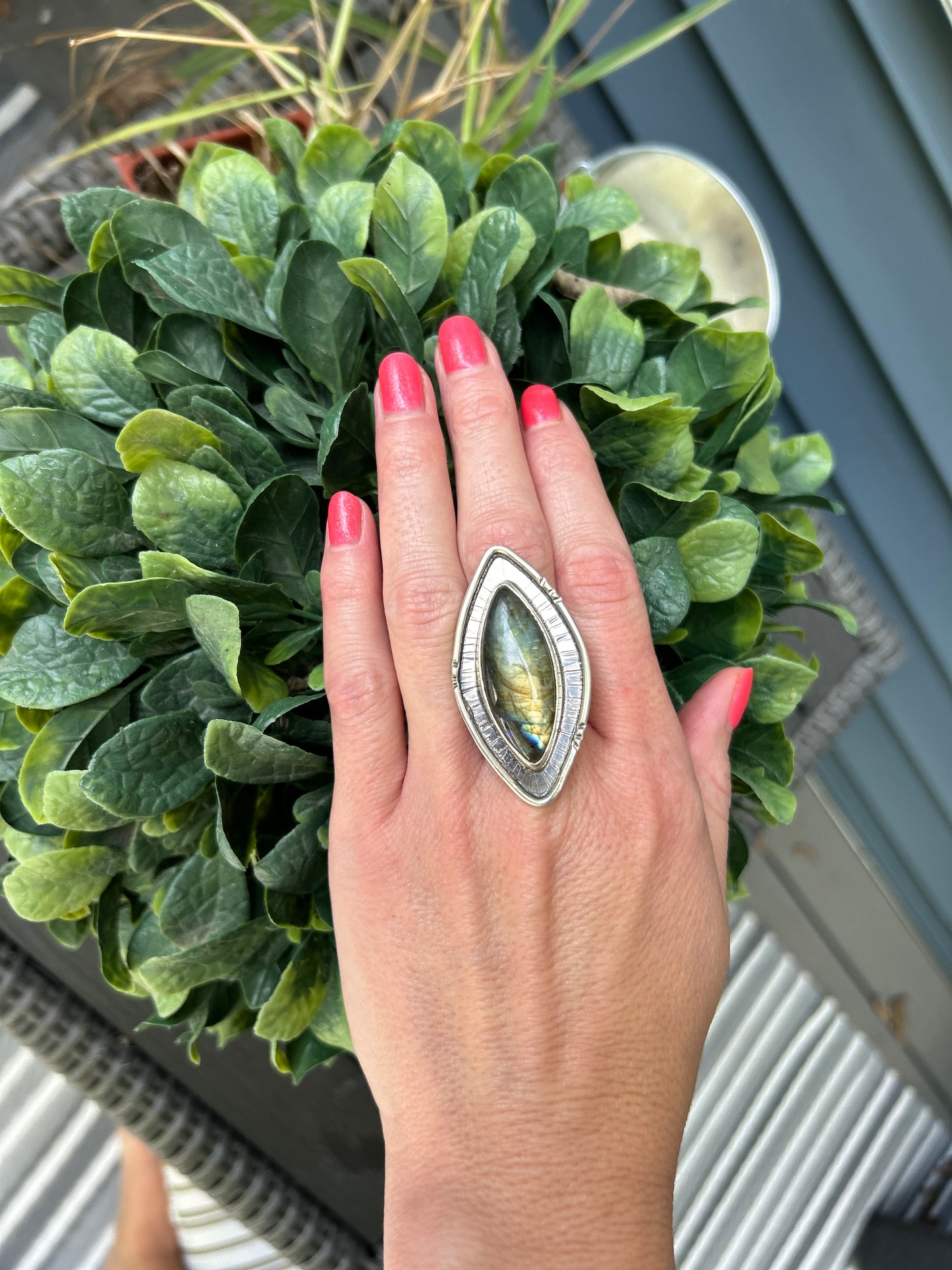 The Aston Ring, Labradorite Statement Ring, Double Band, US 8 3/4