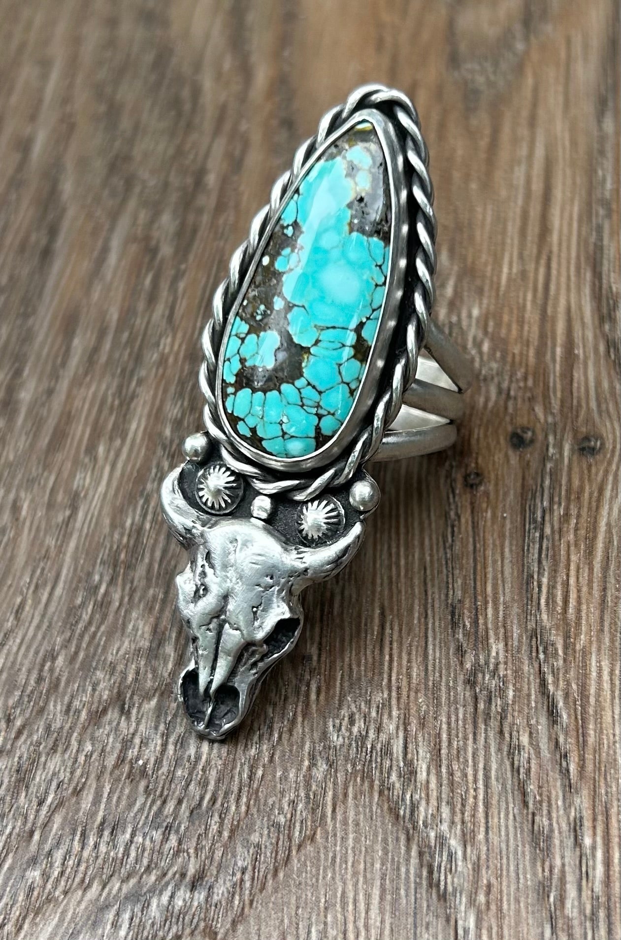 The Buffalo Skull Ring, Blue Moon Turquoise, Triple Band, US Size 10