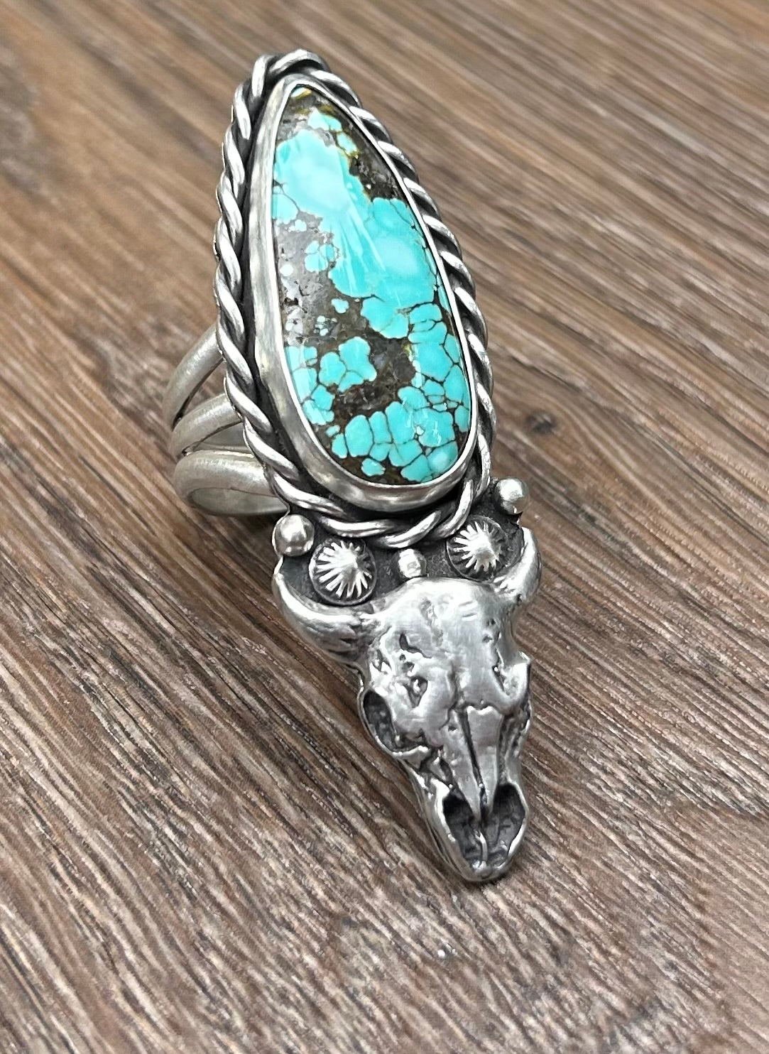 The Buffalo Skull Ring, Blue Moon Turquoise, Triple Band, US Size 10