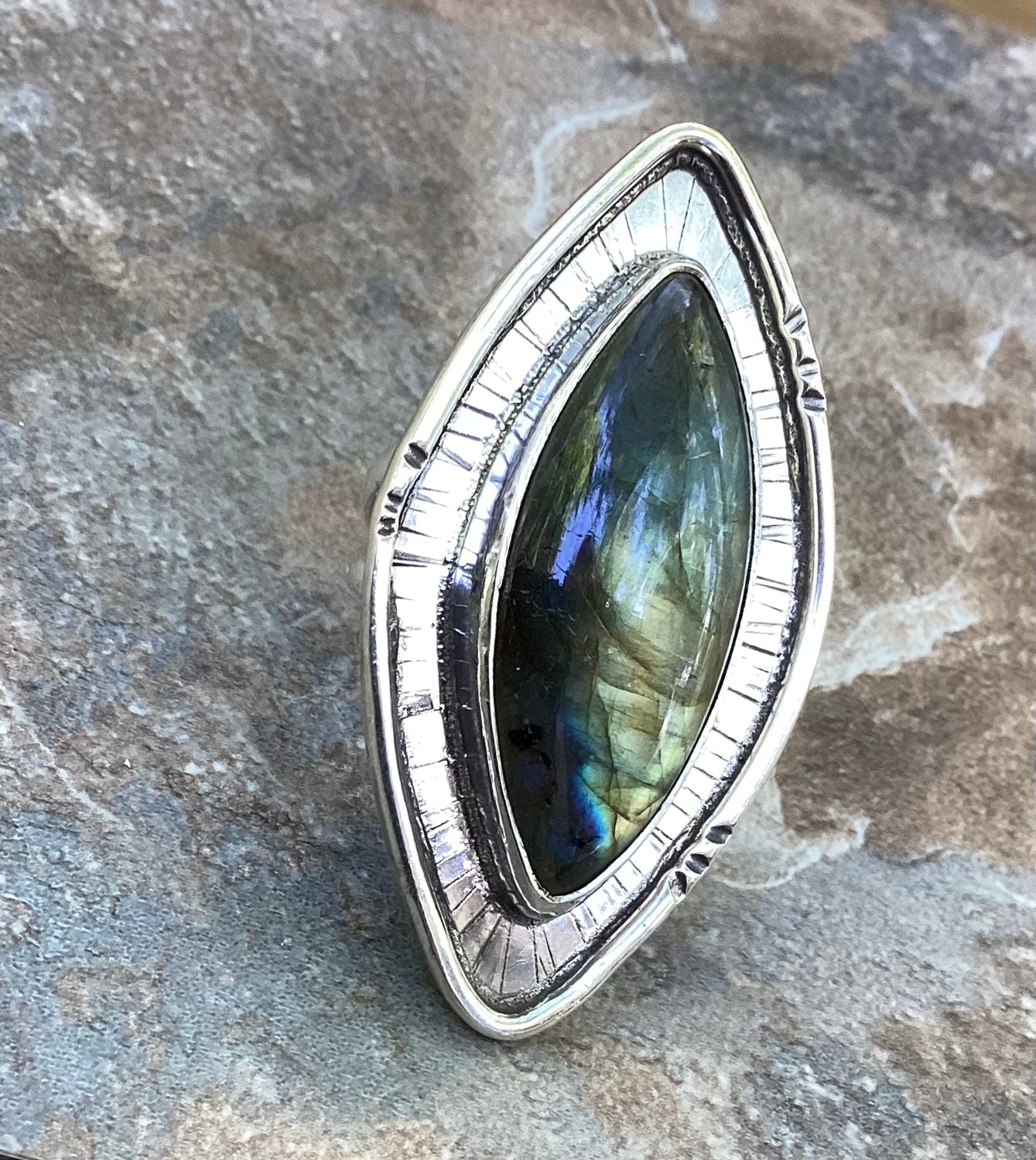 The Aston Ring, Labradorite Statement Ring, Double Band, US 8 3/4