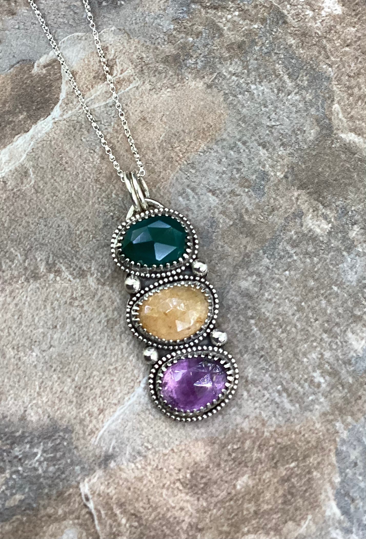 The Briggs Pendant, 3 Stone Necklace. Green Onyx, Yellow Lace Agate and Amethyst, 18” Sterling Rolo Chain.