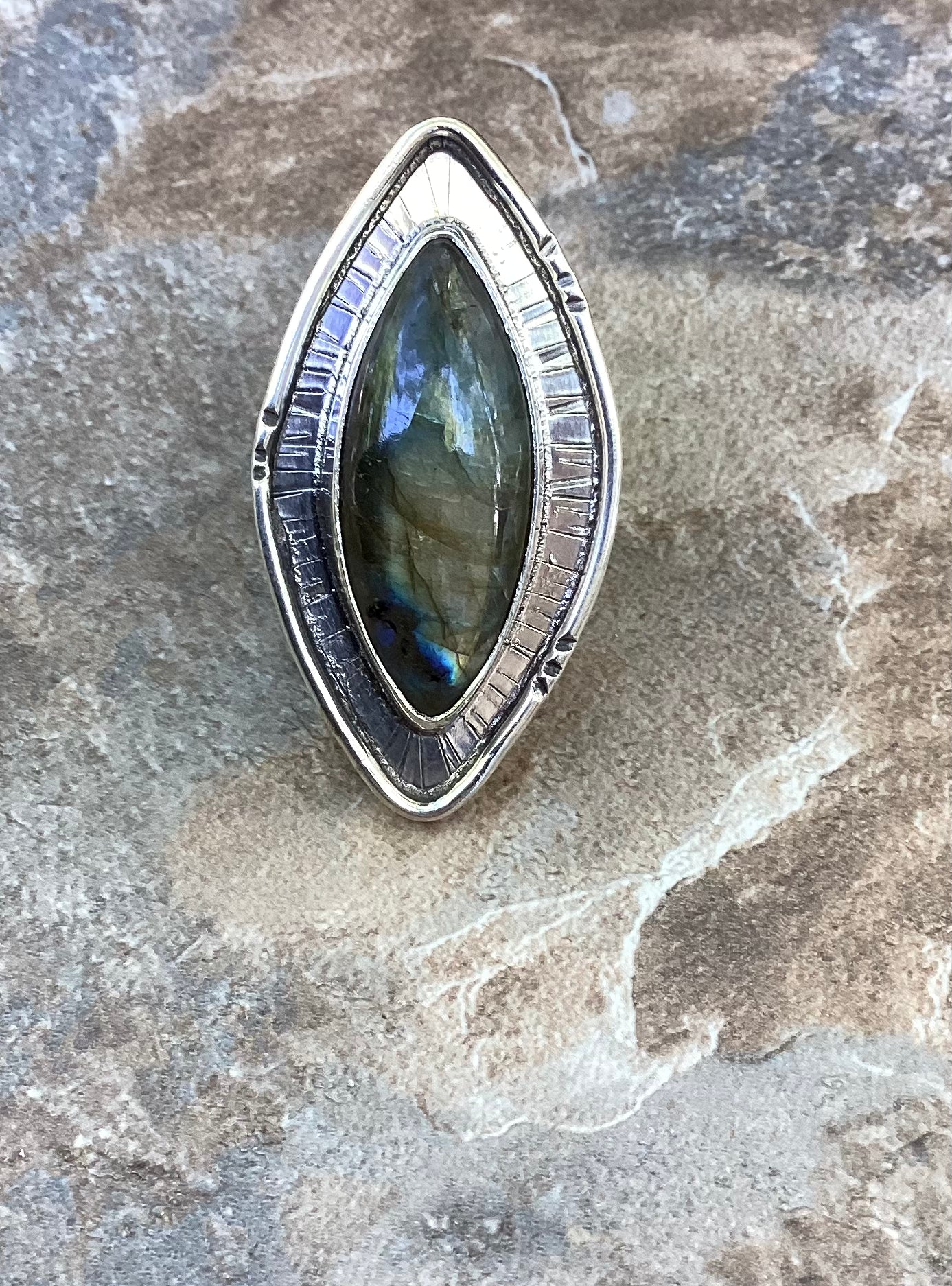 The Aston Ring, Labradorite Statement Ring, Double Band, US 8 3/4