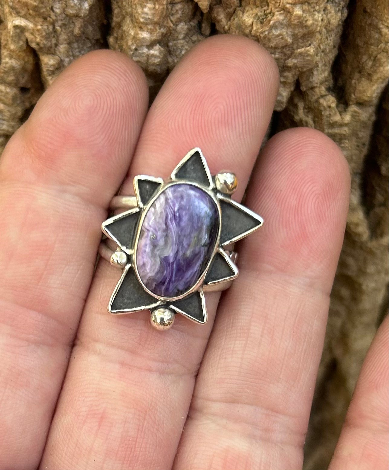 The Sunburst Ring, Purple Charoite Ring, Triple Band, US 7 3/4