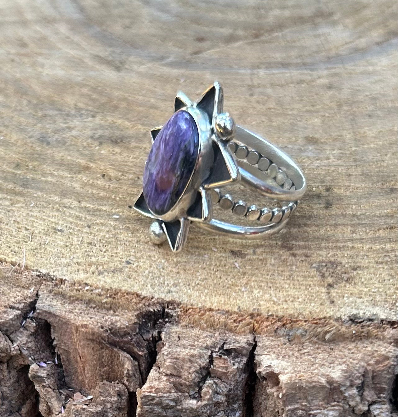 The Sunburst Ring, Purple Charoite Ring, Triple Band, US 7 3/4