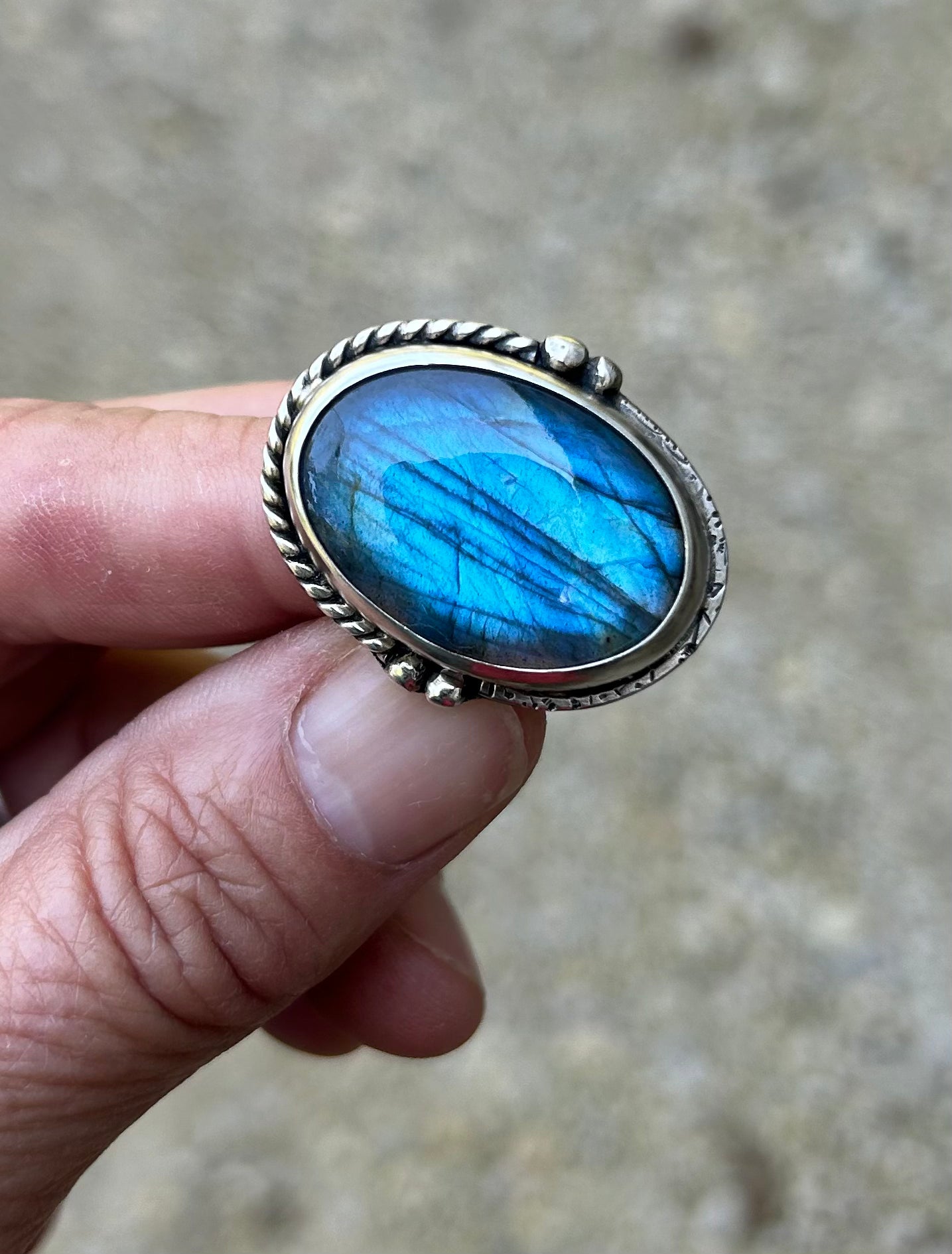 The Genesis Ring, Labradorite Statement Ring, Ornate Band, US Size 7