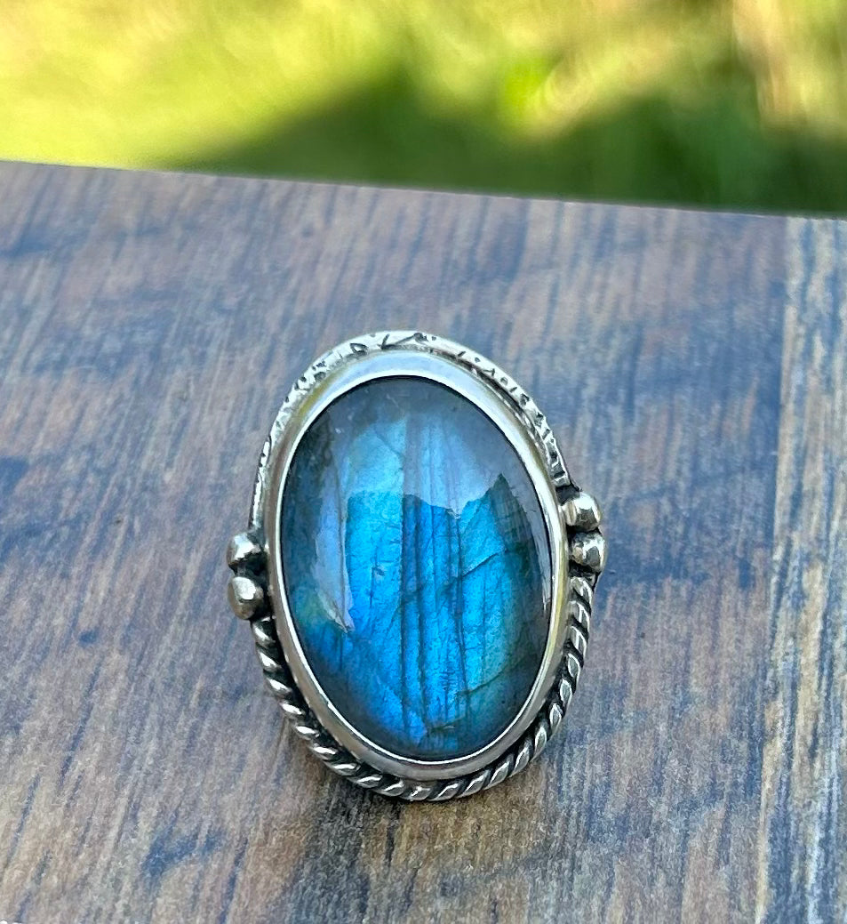 The Genesis Ring, Labradorite Statement Ring, Ornate Band, US Size 7