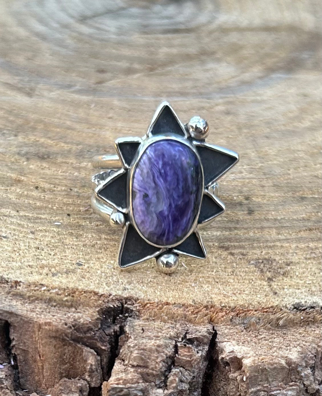 The Sunburst Ring, Purple Charoite Ring, Triple Band, US 7 3/4