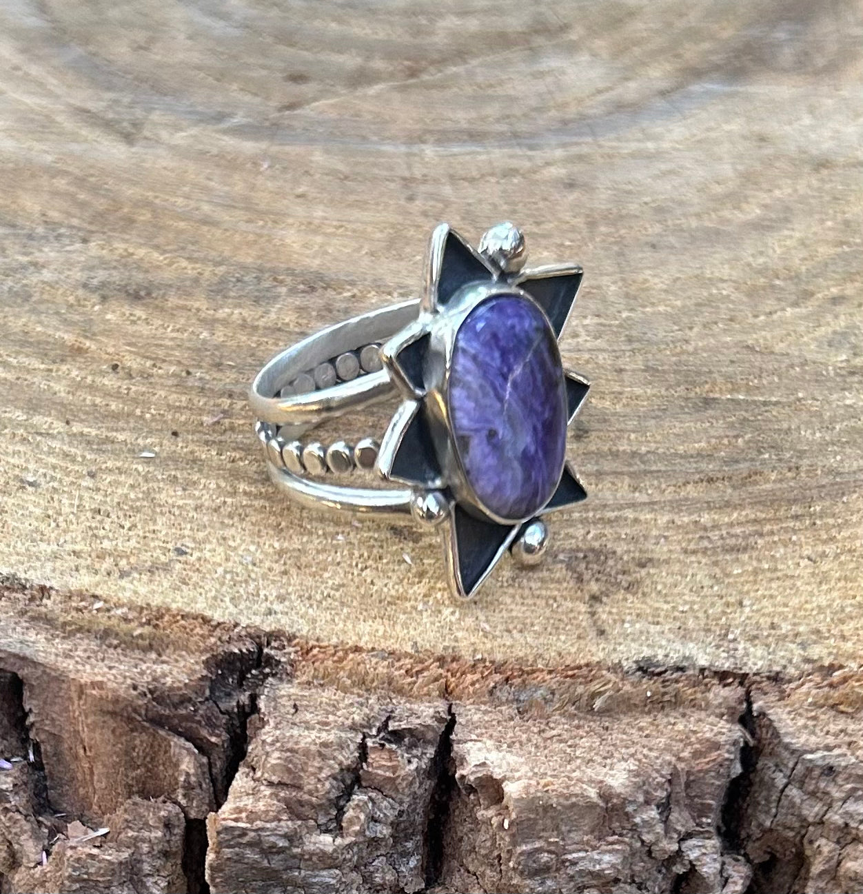 The Sunburst Ring, Purple Charoite Ring, Triple Band, US 7 3/4