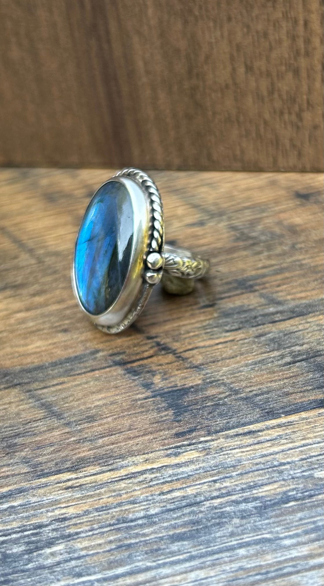 The Genesis Ring, Labradorite Statement Ring, Ornate Band, US Size 7