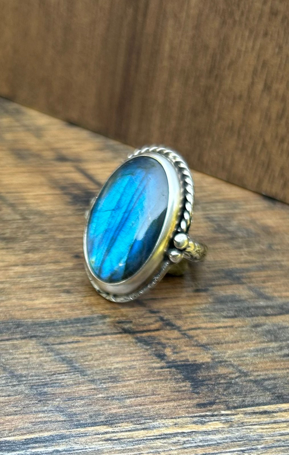 The Genesis Ring, Labradorite Statement Ring, Ornate Band, US Size 7