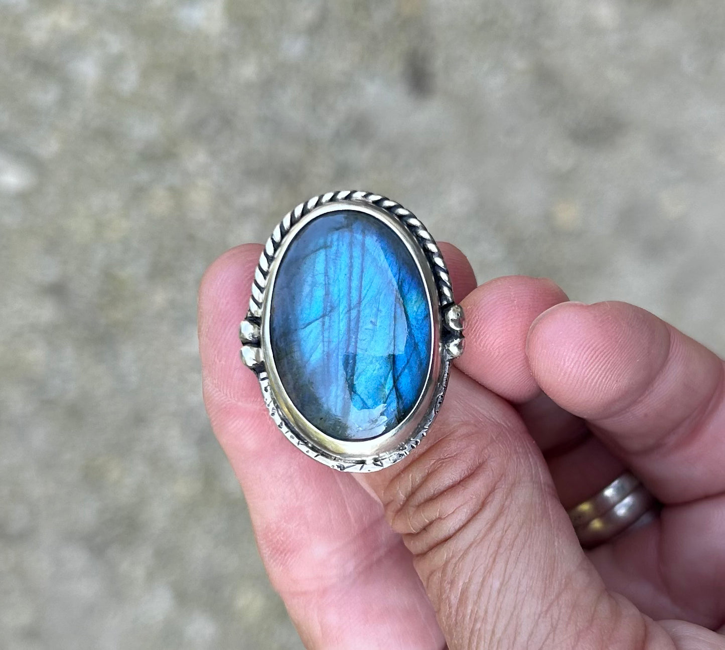 The Genesis Ring, Labradorite Statement Ring, Ornate Band, US Size 7