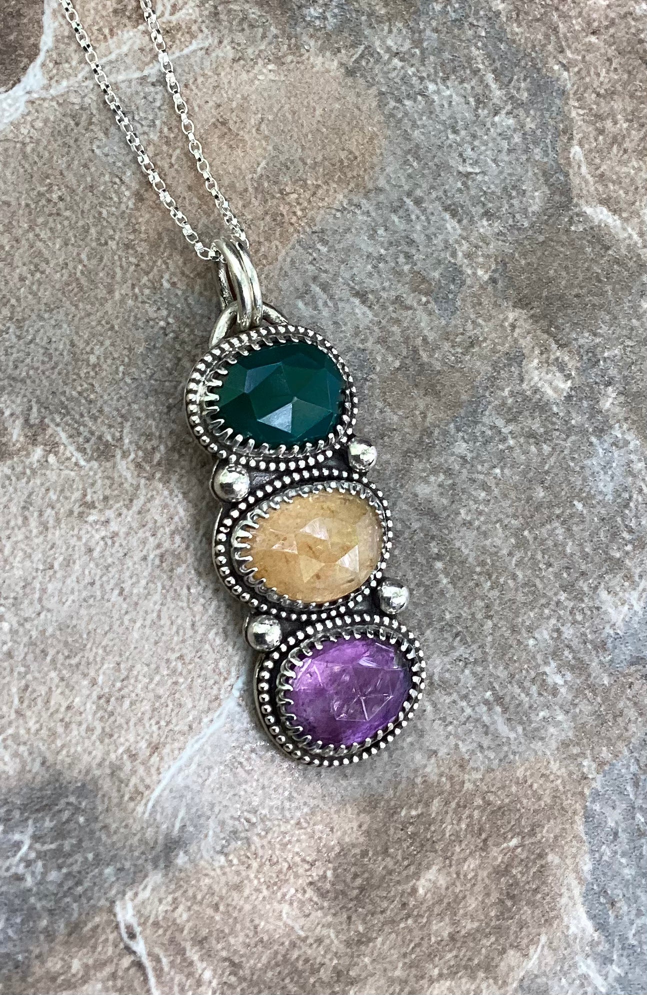 The Briggs Pendant, 3 Stone Necklace. Green Onyx, Yellow Lace Agate and Amethyst, 18” Sterling Rolo Chain.