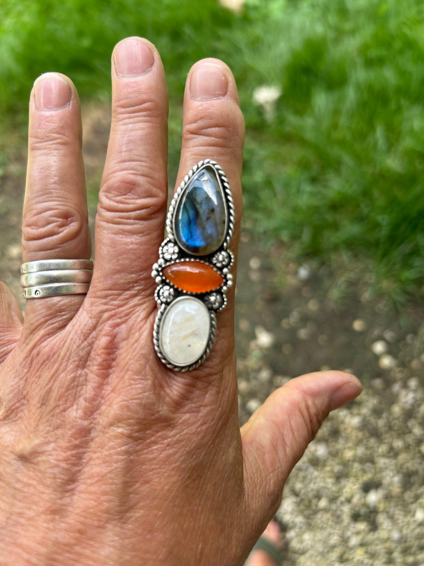 Labradorite, Carnelian and Moonstone Ring, Unfinished, You Pick Size!